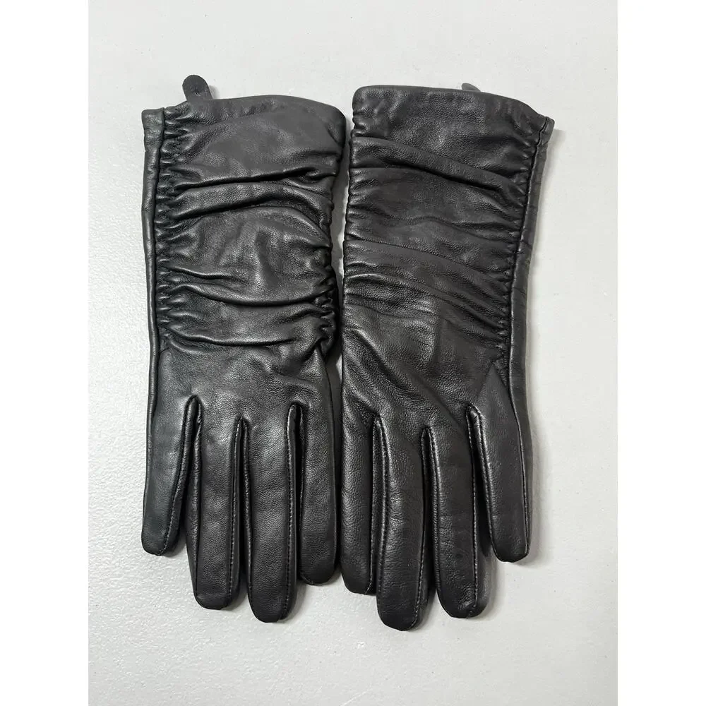Adrienne Vittadini Leather Fleece Lined Gloves Womens Medium Soft Black Ruched